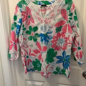 Talbots Pink and Green Graphic Blouse with Embroidered/Lace Collar